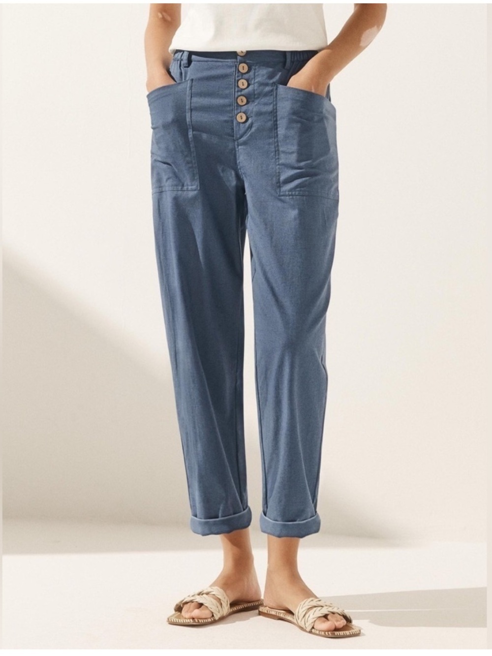 NWT Lintico Blue Linen Button Fly Trousers HEIDI Pants Casual Summer Lightweight